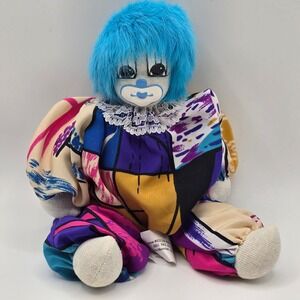 Q-Tee Doll Clown Blue Hair Hand Painted Made In Thailand Colorful Shelf Sitter